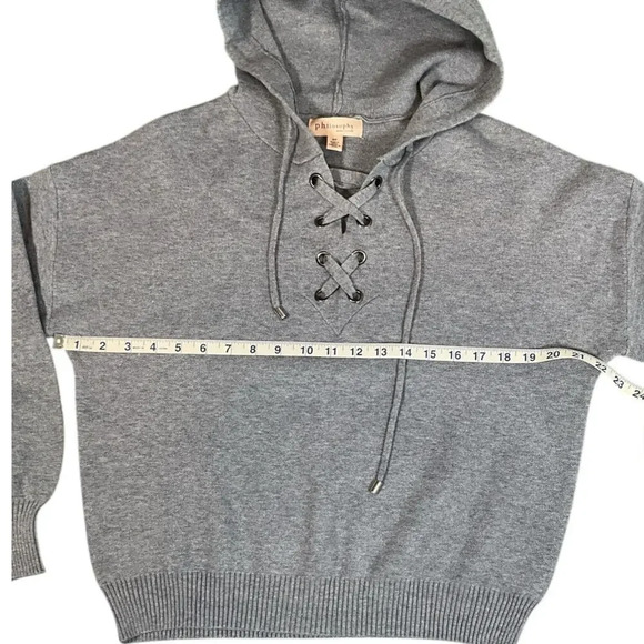 Philosophy Gray Sweater Knit Hoodie Balloon Sleeve Lace Up Neckline Size Small - Picture 8 of 12